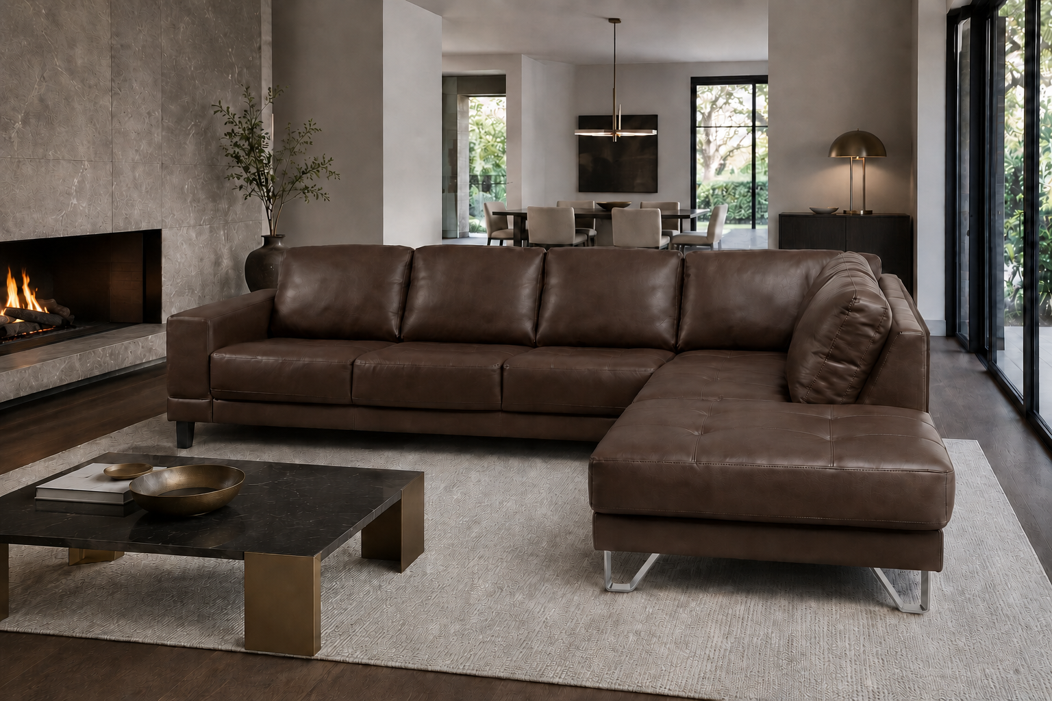 Lucien chocolate leather sectional right bumper, wide track arms detail
