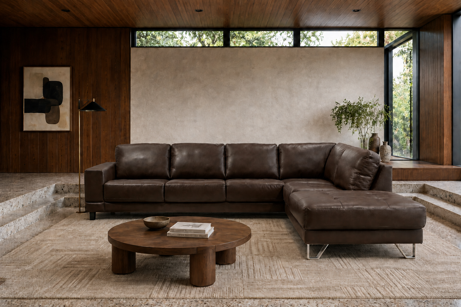 Lucien chocolate leather sectional right bumper, side profile with extended chaise