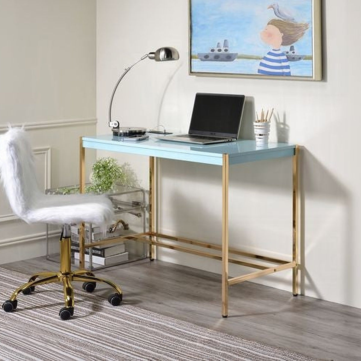 Lunar Elegant Multi-Purpose Desk w/USB Port - Aqua/Gold