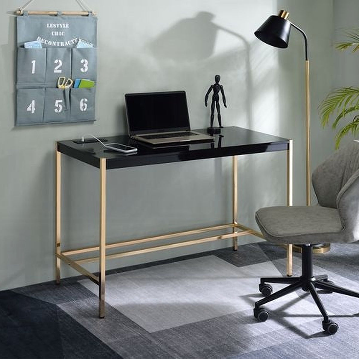 Lunar Elegant Multi-Purpose Desk w/USB Port - Black/Gold