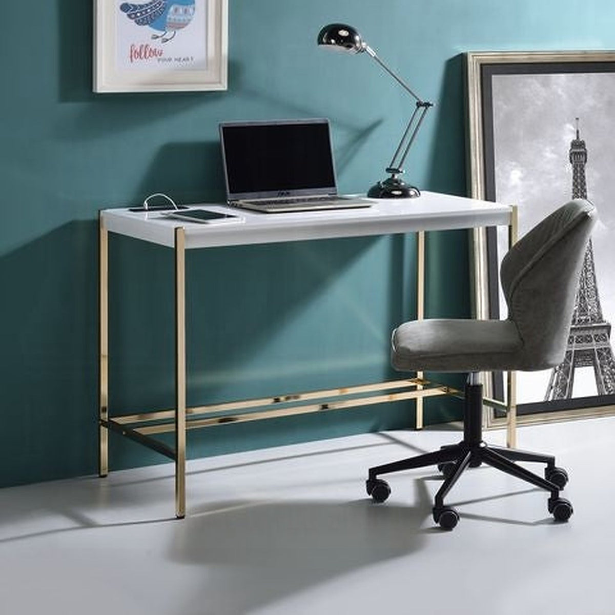 Lunar Elegant Multi-Purpose Desk w/USB Port - White/Gold