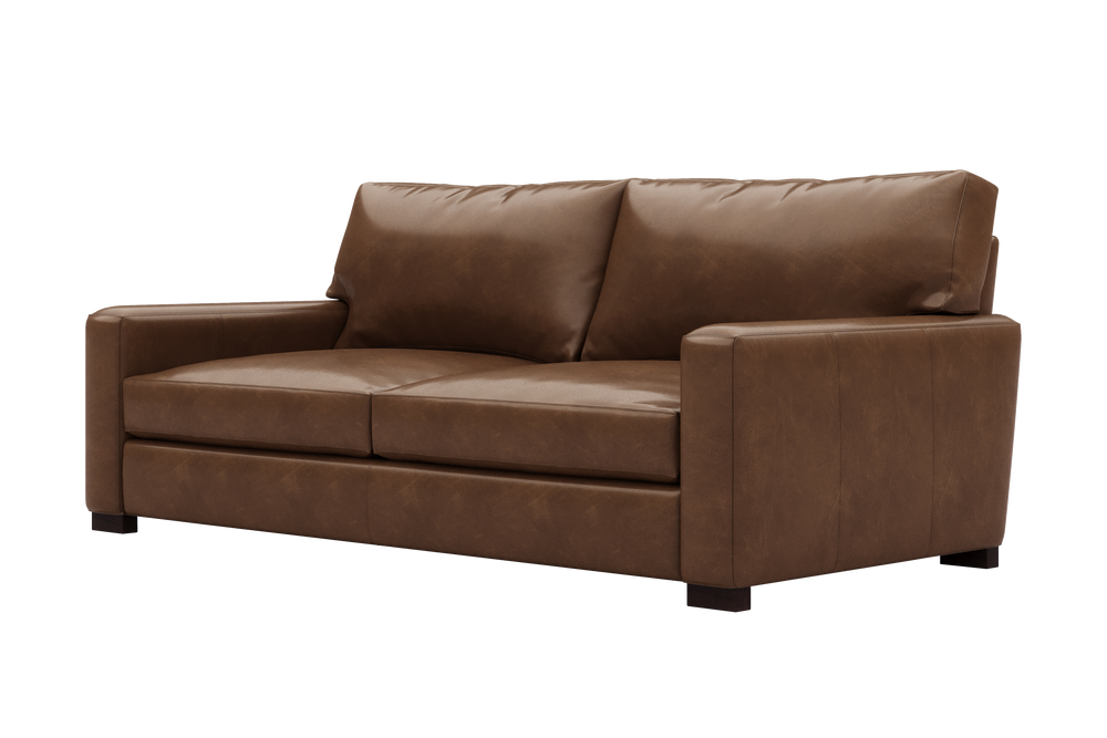 Right-Side's Acute Angled Front View of A Luxurious, Lipari Choco, Kiln Dried Wood Frame, Luton Leather Loveseats Sofa.