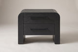Macerata nightstand in black, straight front view: two drawers, two slim black bar handles, rounded slab sides