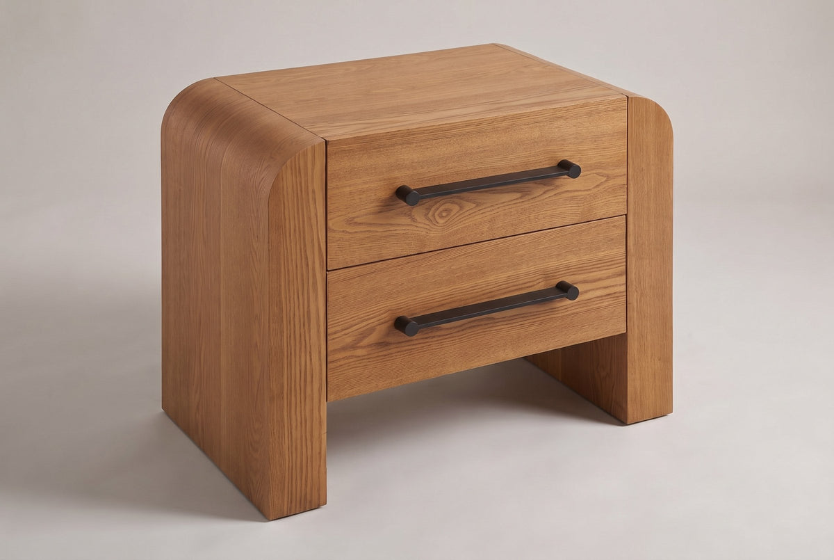 Macerata waterfall 2-drawer nightstand in brown, three-quarter view on a warm grey studio backdrop