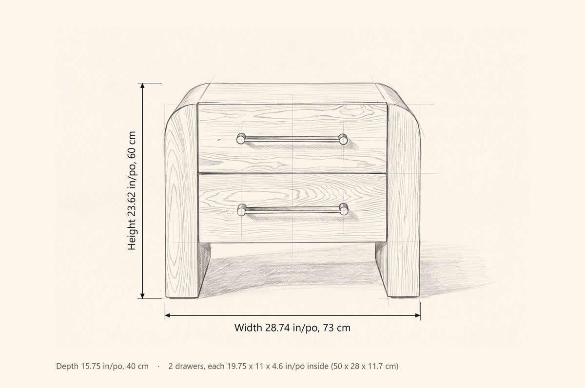 Macerata nightstand dimensions: 28.74 in wide, 23.62 in high, 15.75 in deep, two drawers each 19.75 x 11 x 4.6 in inside