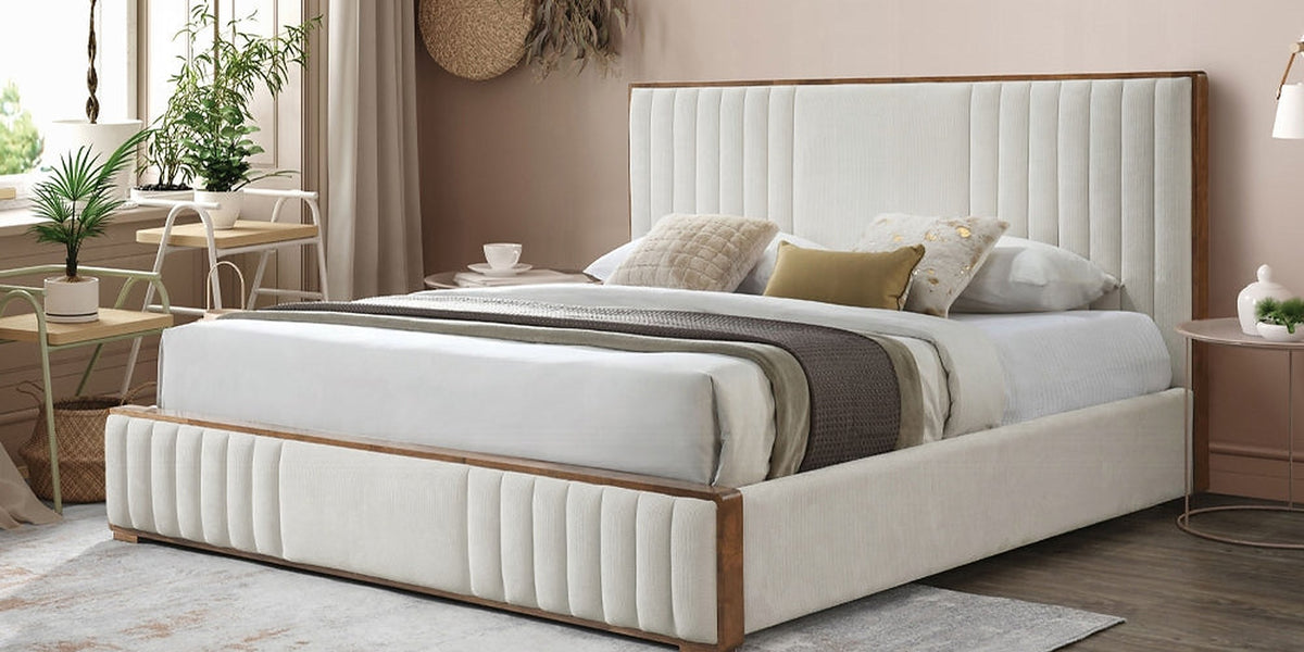 Mahi Upholstered Platform Bed - Beige/Walnut