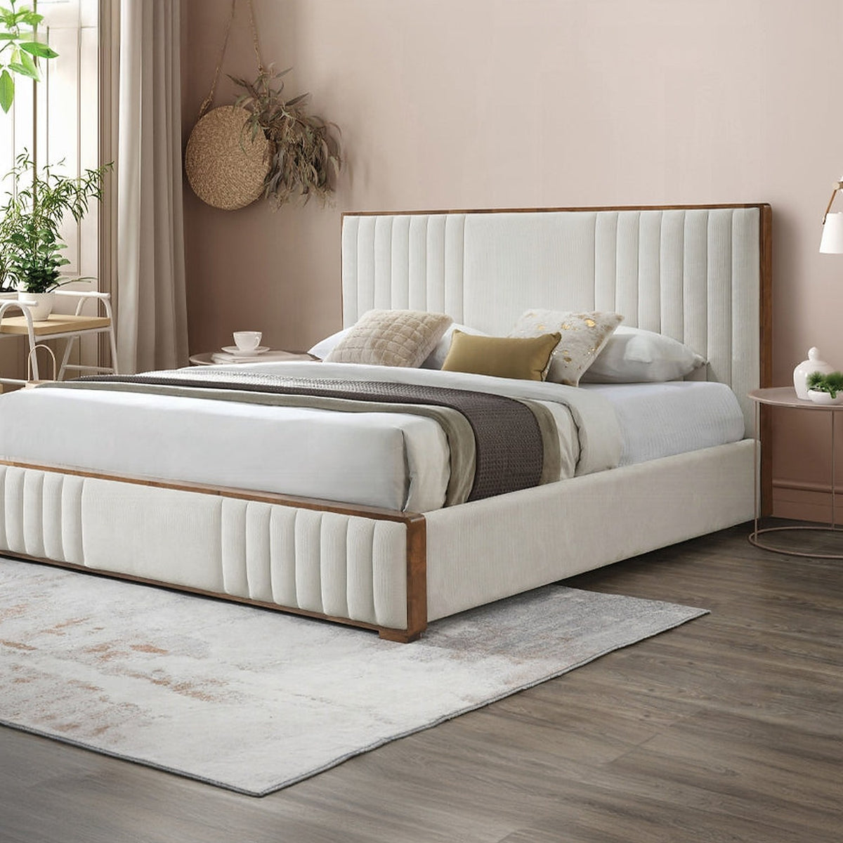 Mahi Upholstered Platform Bed - Beige/Walnut