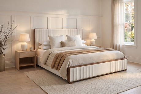 Mahi Upholstered Platform Bed - Beige/Walnut