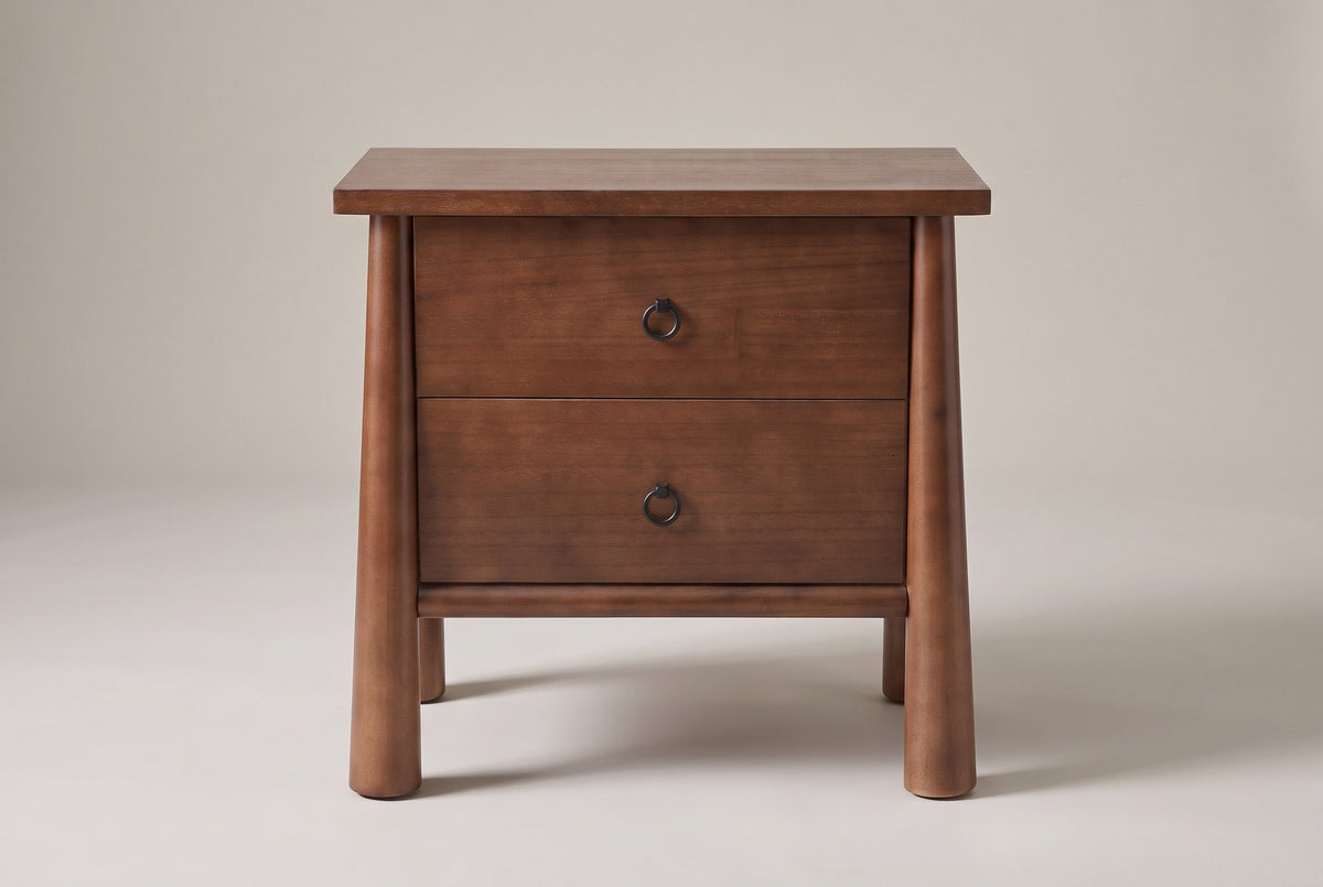 Malcesine nightstand, straight front view: square top, two drawers with black ring pulls, four round posts