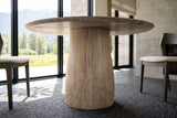 The Marano pedestal in Natural White Wash at seat height: upright mango staves under the thin round top