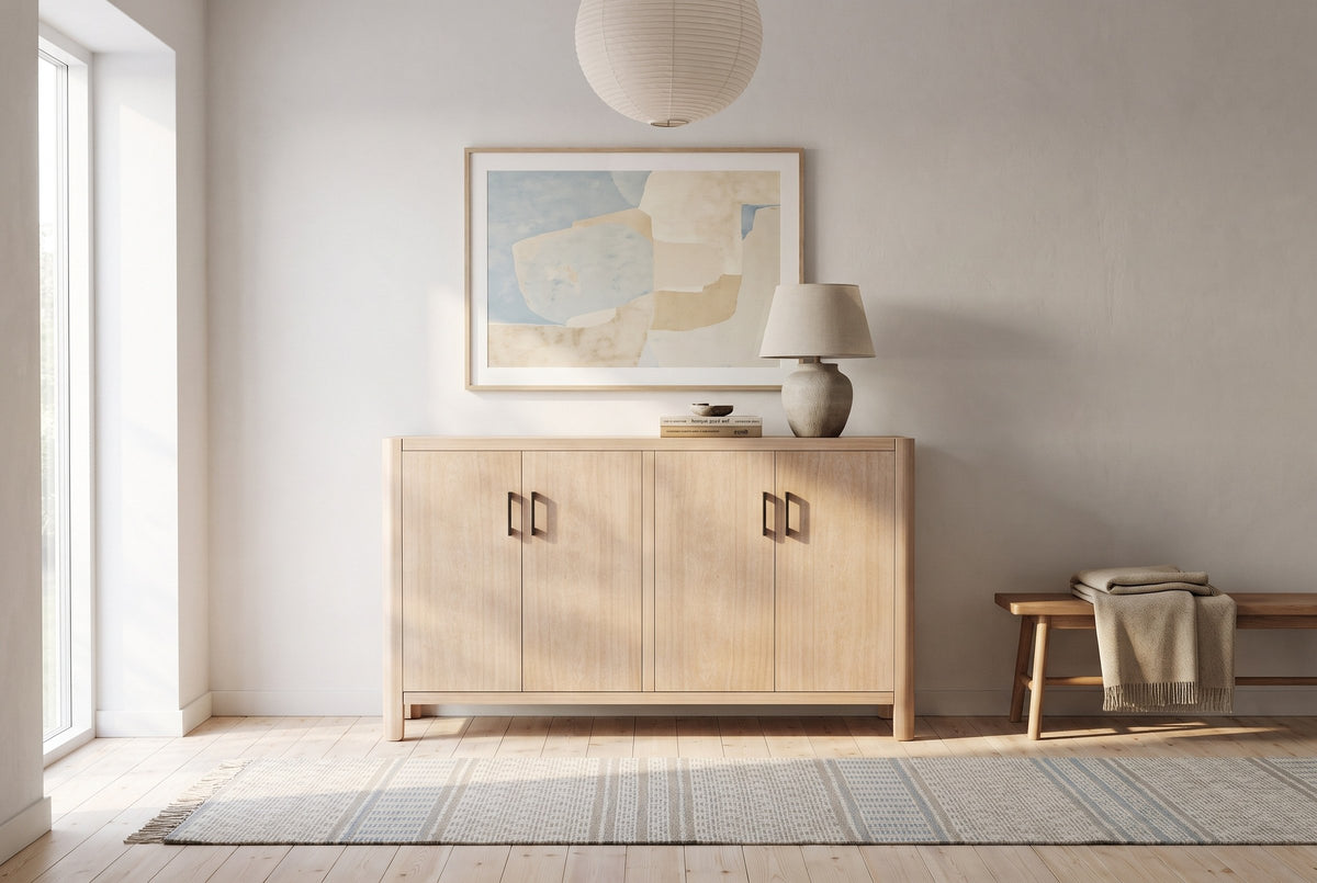 The Maren cabinet in Natural below a pale blue and sand abstract, in an Aarhus apartment entrance hall with a pine floor and a wool runner