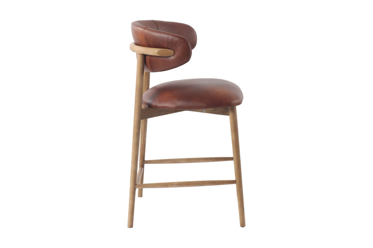 Marlow Tobacco counter stool, side view with stretcher rails