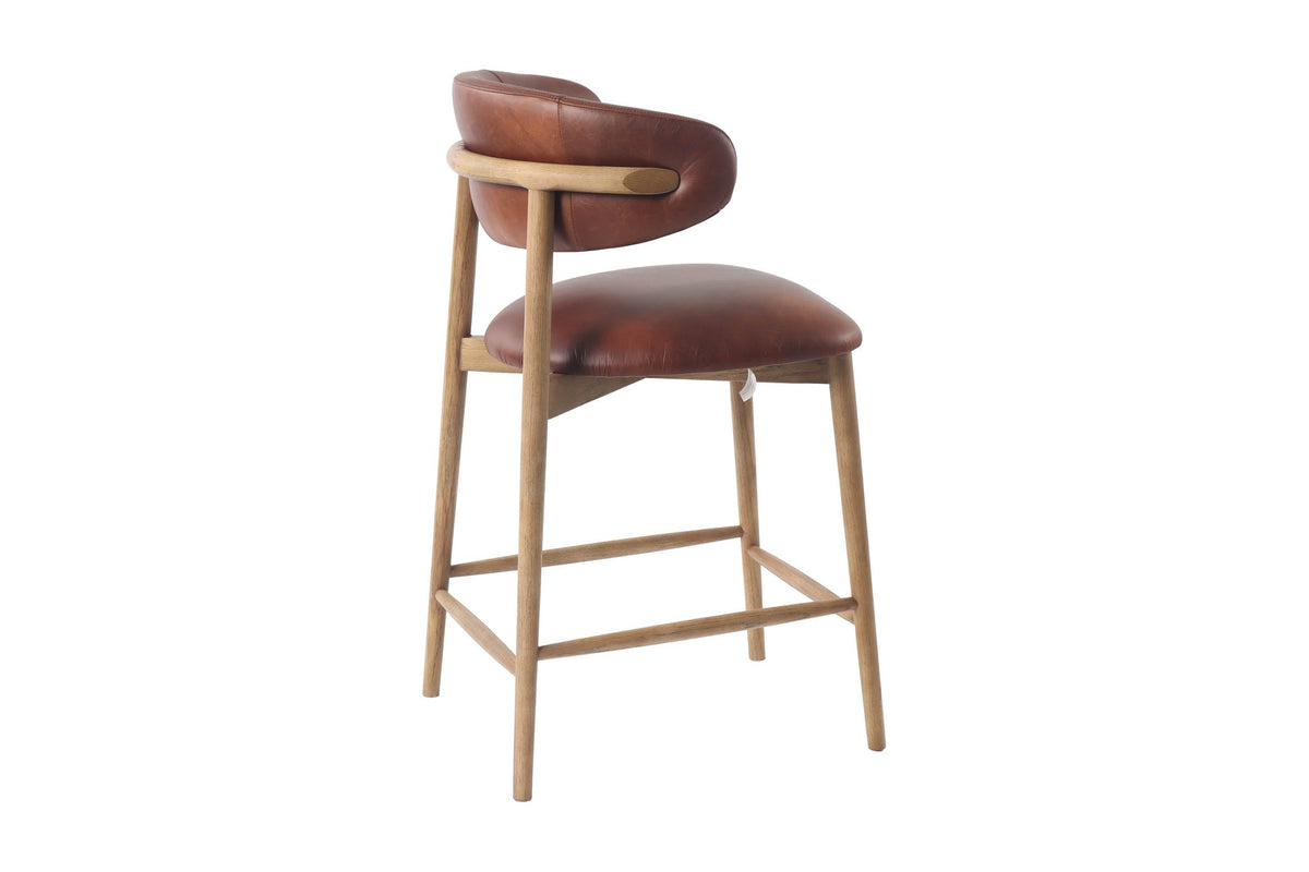 Marlow Tobacco counter stool, rear three-quarter view of the curved leather back