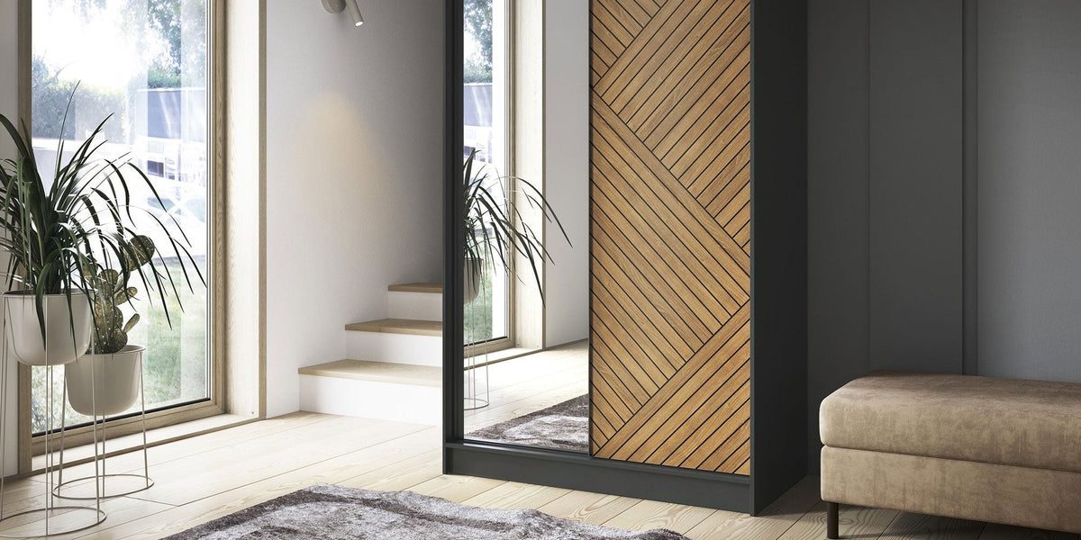 Marrphy Mirrored 2 Sliding Door Freestanding Wardrobe - Black/Oak Caramel