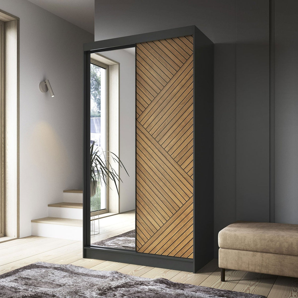 Marrphy Mirrored 2 Sliding Door Freestanding Wardrobe - Black/Oak Caramel