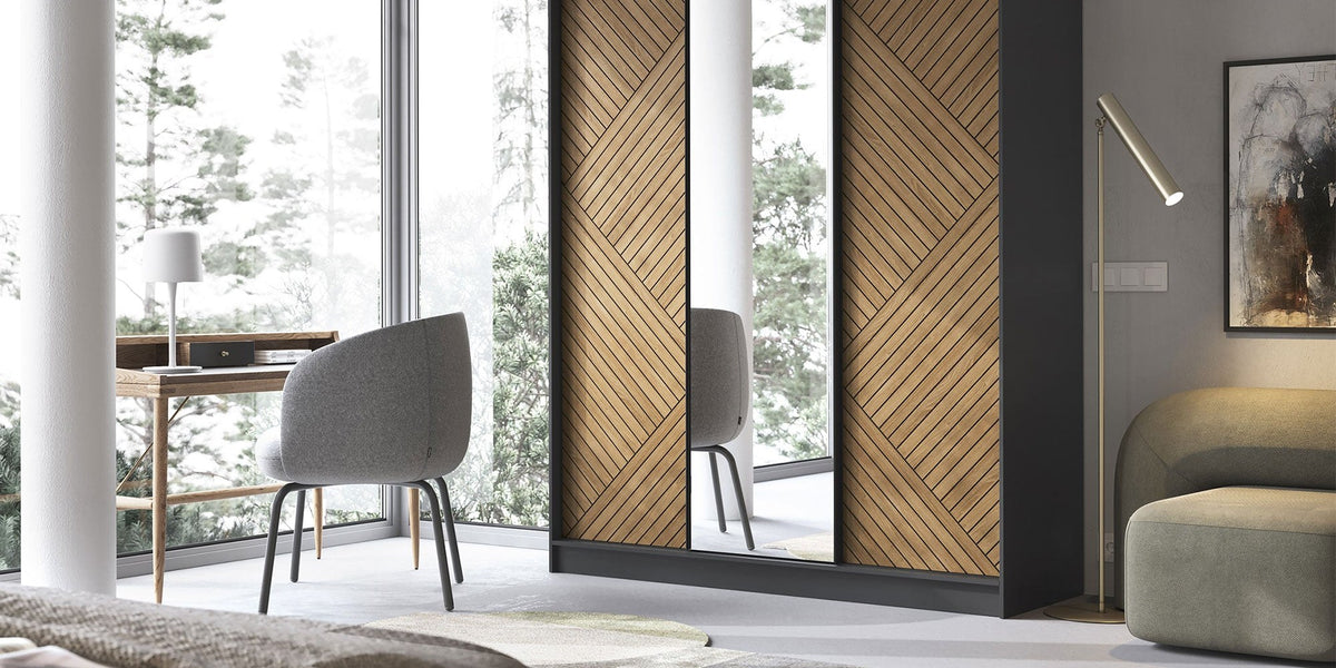 Marrphy Mirrored 3 Sliding Door Freestanding Wardrobe - Black/Oak Caramel