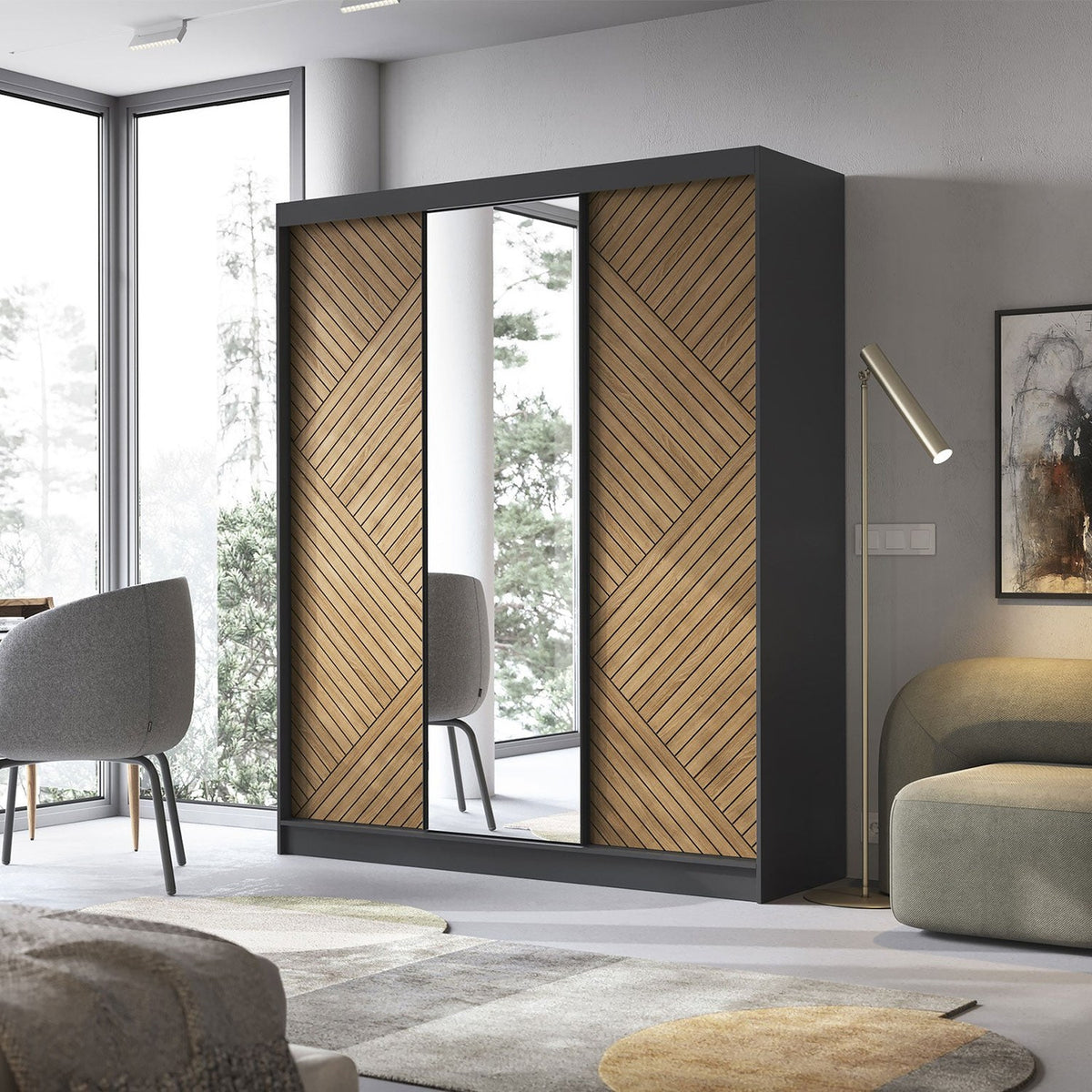 Marrphy Mirrored 3 Sliding Door Freestanding Wardrobe - Black/Oak Caramel