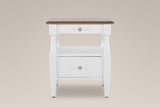 Marsala nightstand in Milk White, straight front view: a brown wood-grain top over a white frame