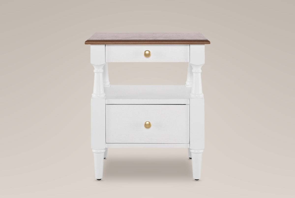 Marsala nightstand in Milk White, straight front view: a brown wood-grain top over a white frame