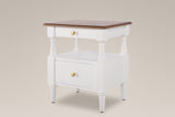 Marsala nightstand in Milk White, a white frame with a brown wood-grain top