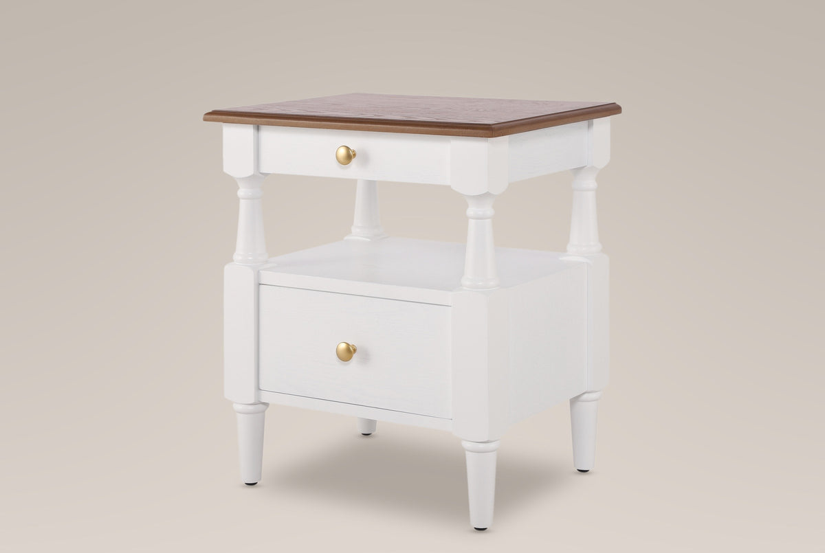 Marsala nightstand in Milk White, a white frame with a brown wood-grain top