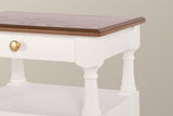 Close-up of the Marsala top corner in Milk White: the brown wood-grain moulded top