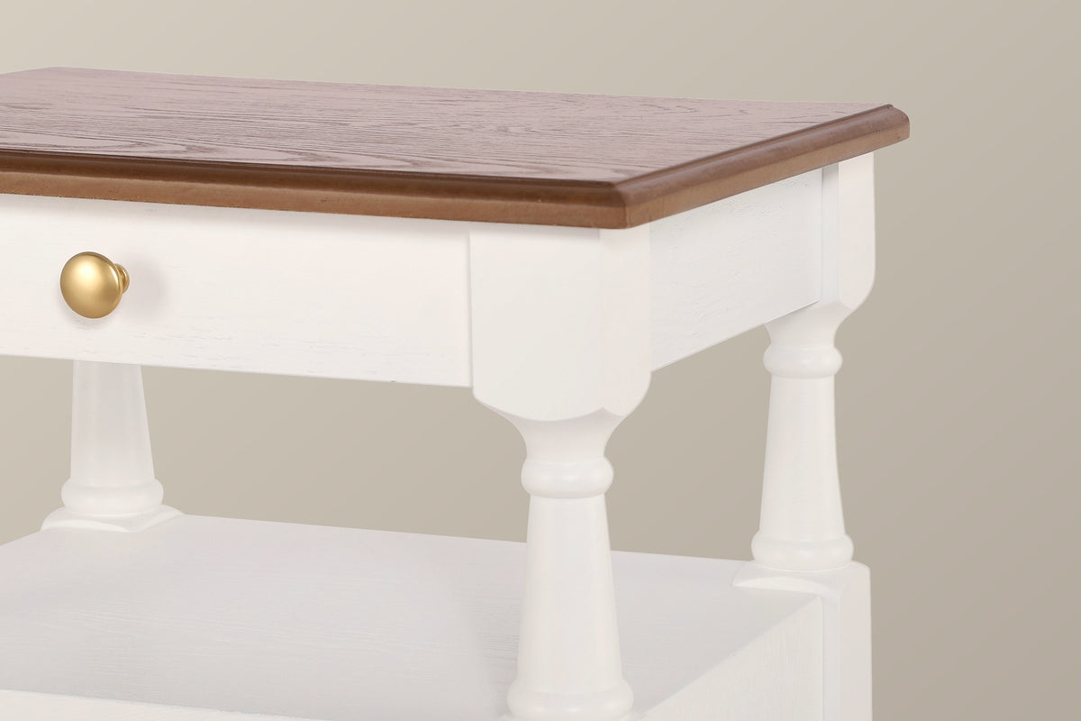 Close-up of the Marsala top corner in Milk White: the brown wood-grain moulded top