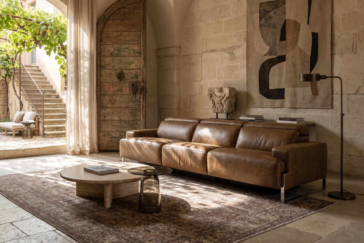 Melania recliner Sofa in distressed Italian aniline leather