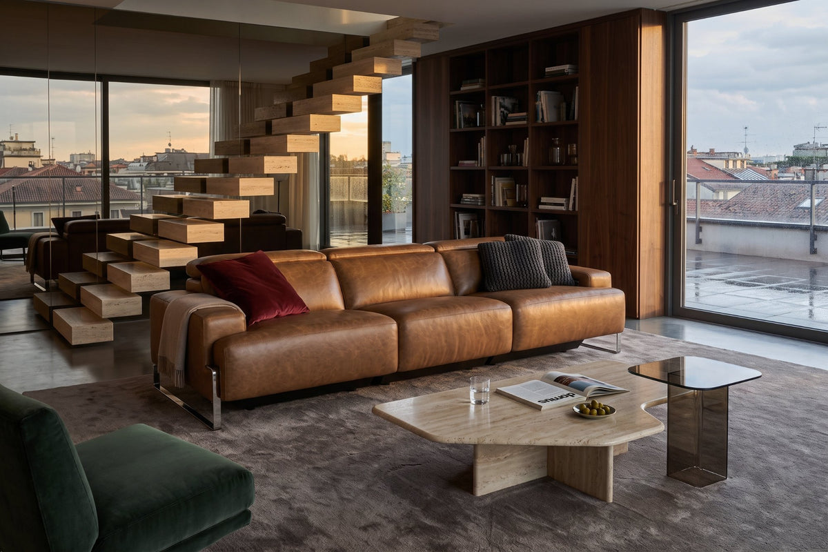 Melania recliner Sofa in distressed Italian aniline leather