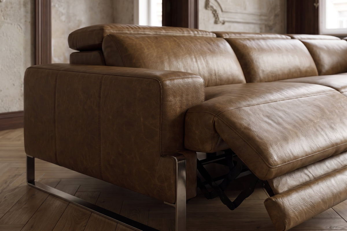 Melania reclining Corner Sectional in distressed Italian aniline leather