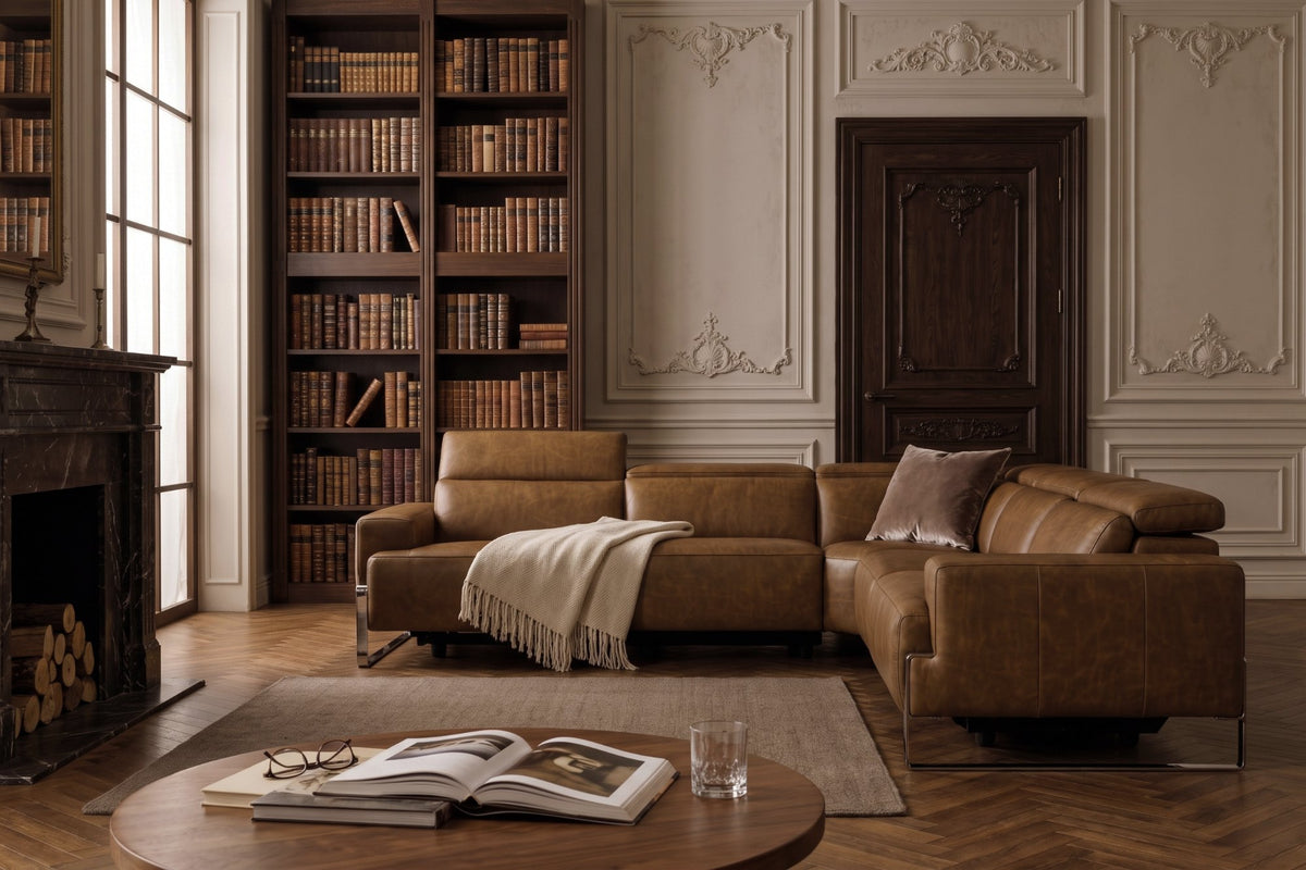 Melania reclining Corner Sectional in distressed Italian aniline leather