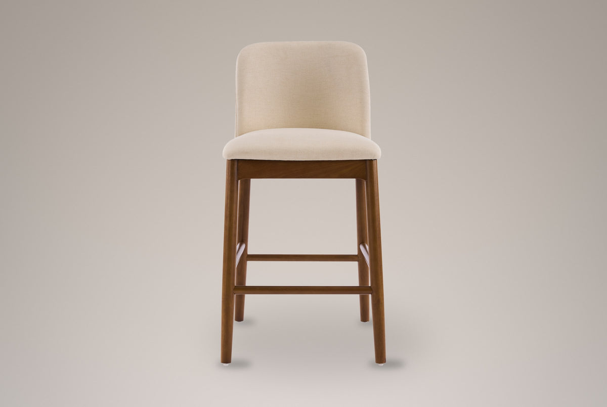 Menaggio counter stool, straight front view: one rounded beige back, a beige seat
