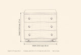 Merano nightstand dimensions: 23.62 in wide, 22.44 in high, 15.75 in deep, 3 drawers each 20.5 x 11 x 3.5 in