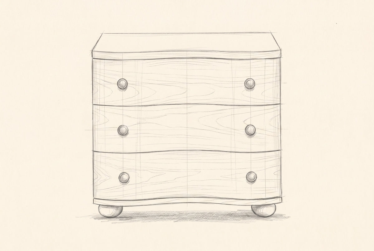 Pencil drawing of the Merano nightstand traced from the front view