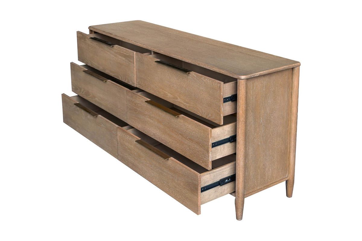 Merritt dresser with drawers open, three-quarter view