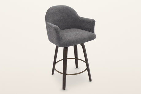 Miles swivel counter stool in Warm Charcoal chenille with dark-walnut bentwood legs, three-quarter view on a warm white studio backdrop