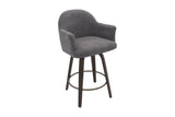 Miles swivel counter stool in warm charcoal fabric with walnut bentwood legs, three-quarter view