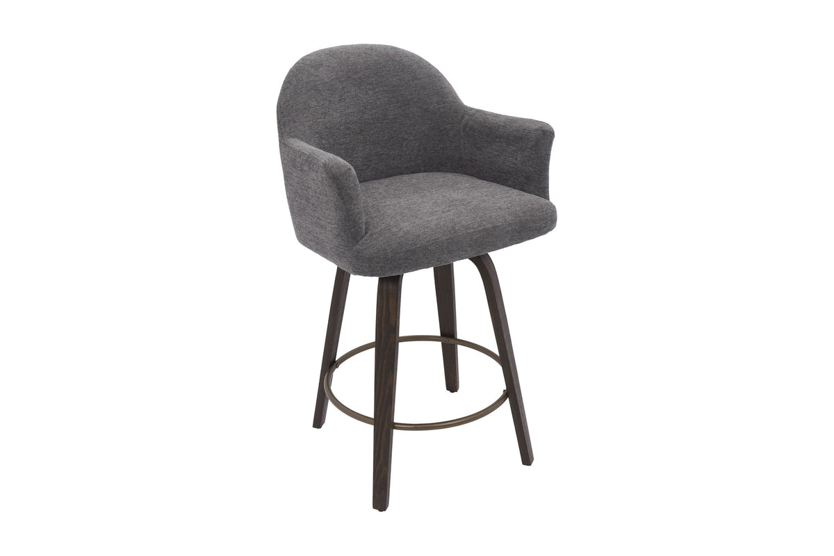 Miles swivel counter stool in warm charcoal fabric with walnut bentwood legs, three-quarter view
