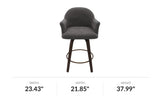 Miles swivel counter stool in warm charcoal fabric, front view with dimensions
