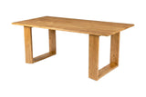 Mireille solid acacia dining table with open frame legs in honey, three-quarter view