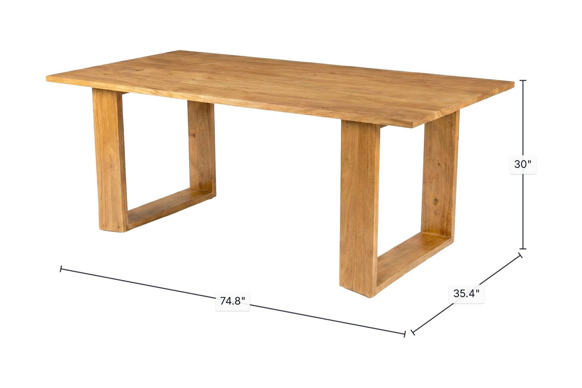 Mireille acacia dining table with length, width and height dimensions marked in inches