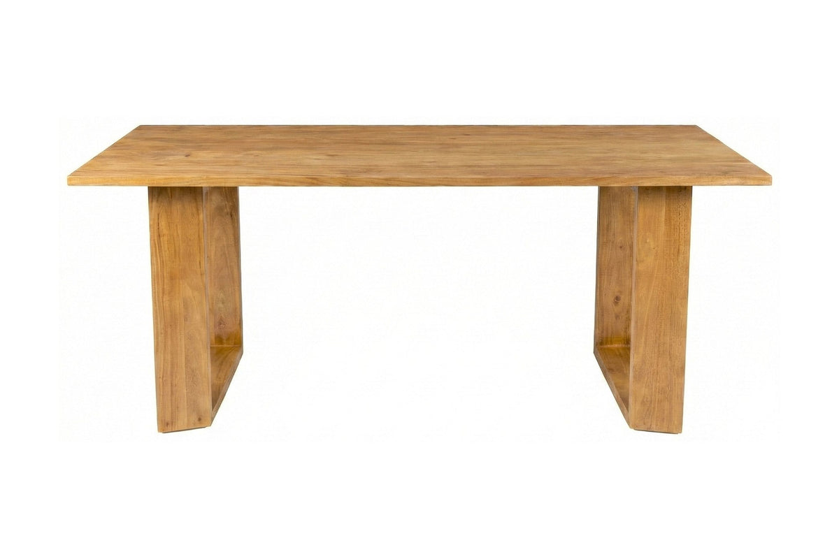 Mireille solid acacia dining table, straight-on view of the top and frame legs