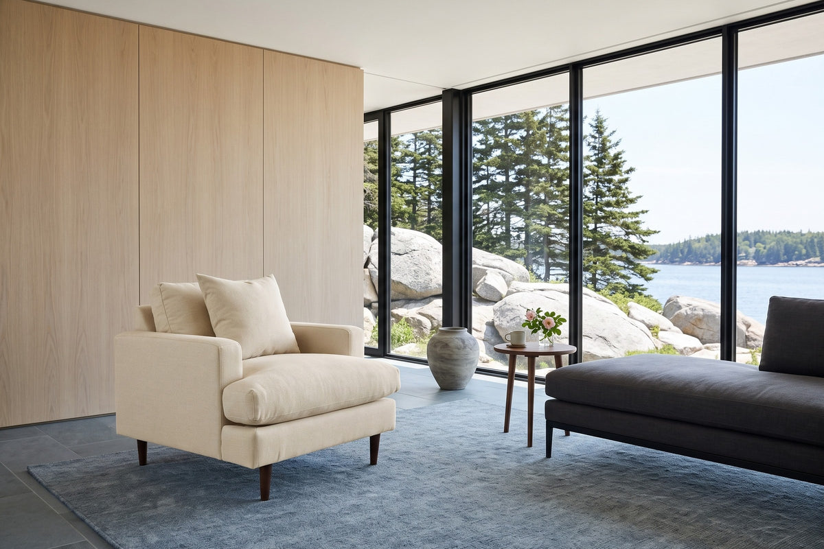 Mombaruzzo accent chair in Beach Alabaster in a house on the Aspotogan peninsula, Nova Scotia