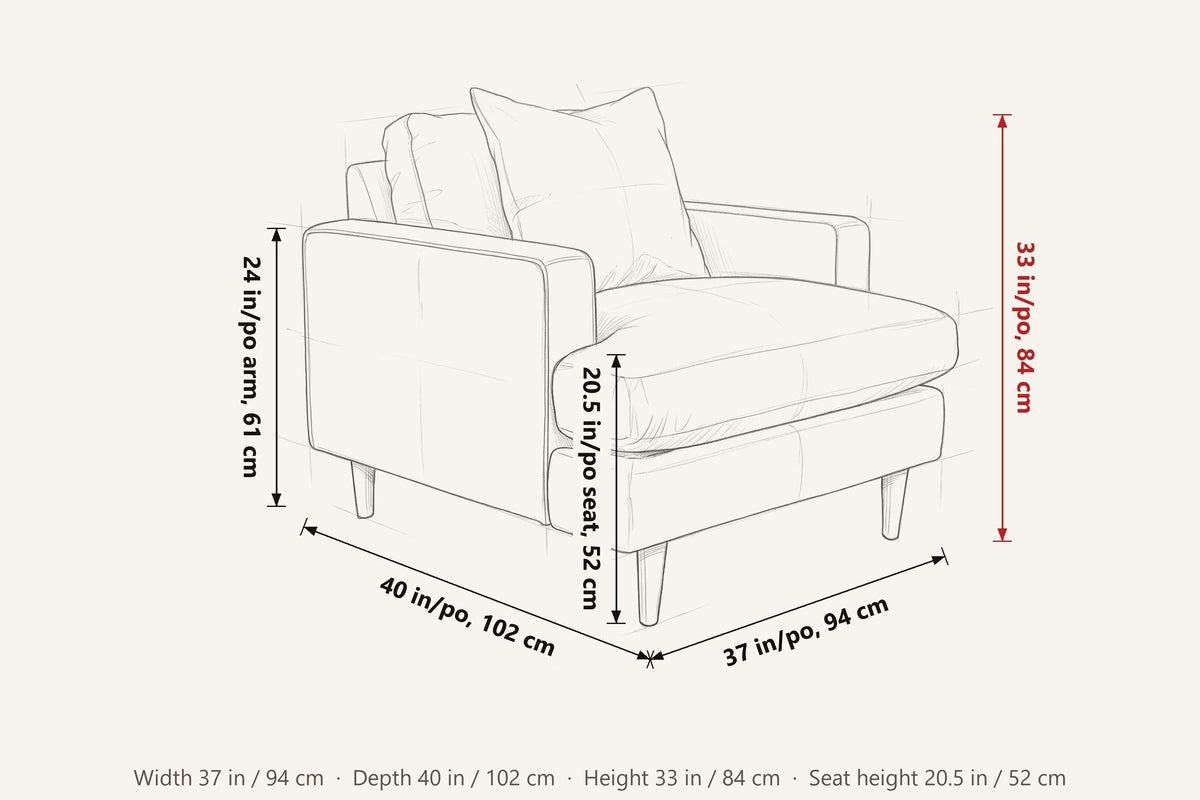 Mombaruzzo dimensions on a pencil sketch of the chair: 37 in wide, 40 in deep, 33 in high, seat height 20.5