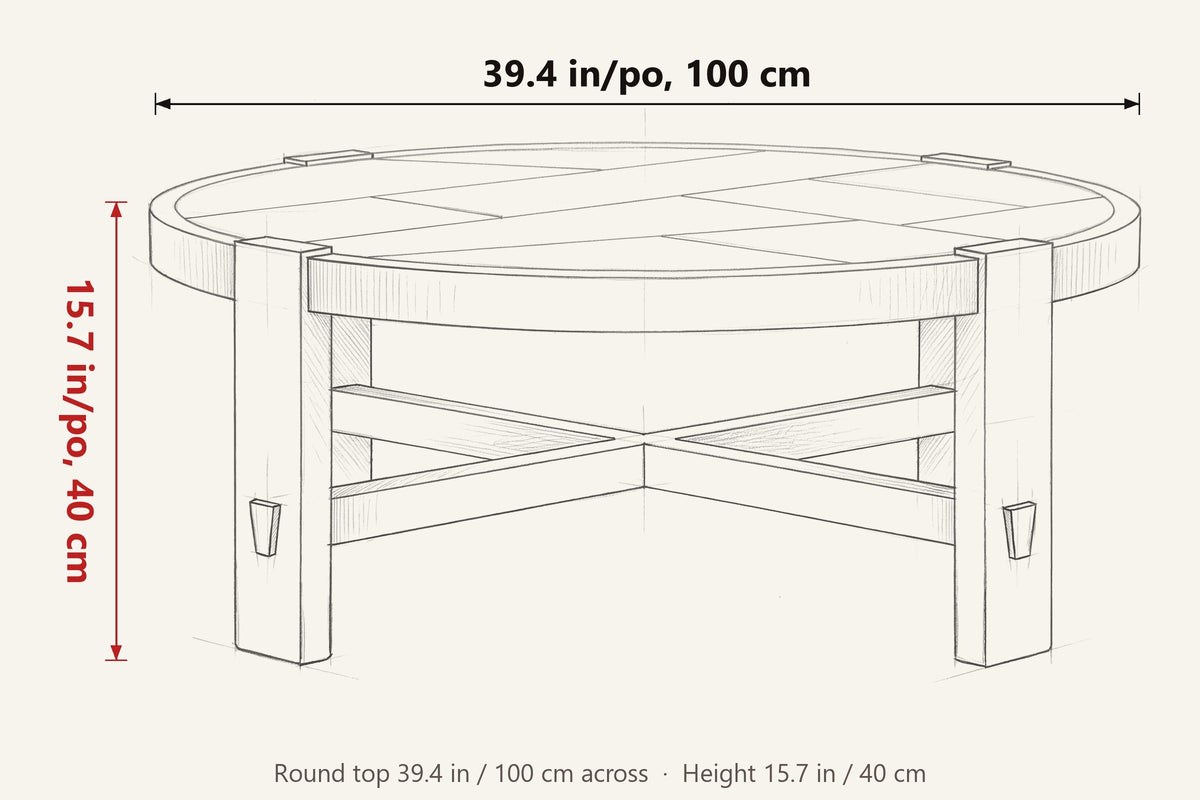 Mondavio dimensions on a pencil sketch of the table: 39.4 in across, 15.7 in high