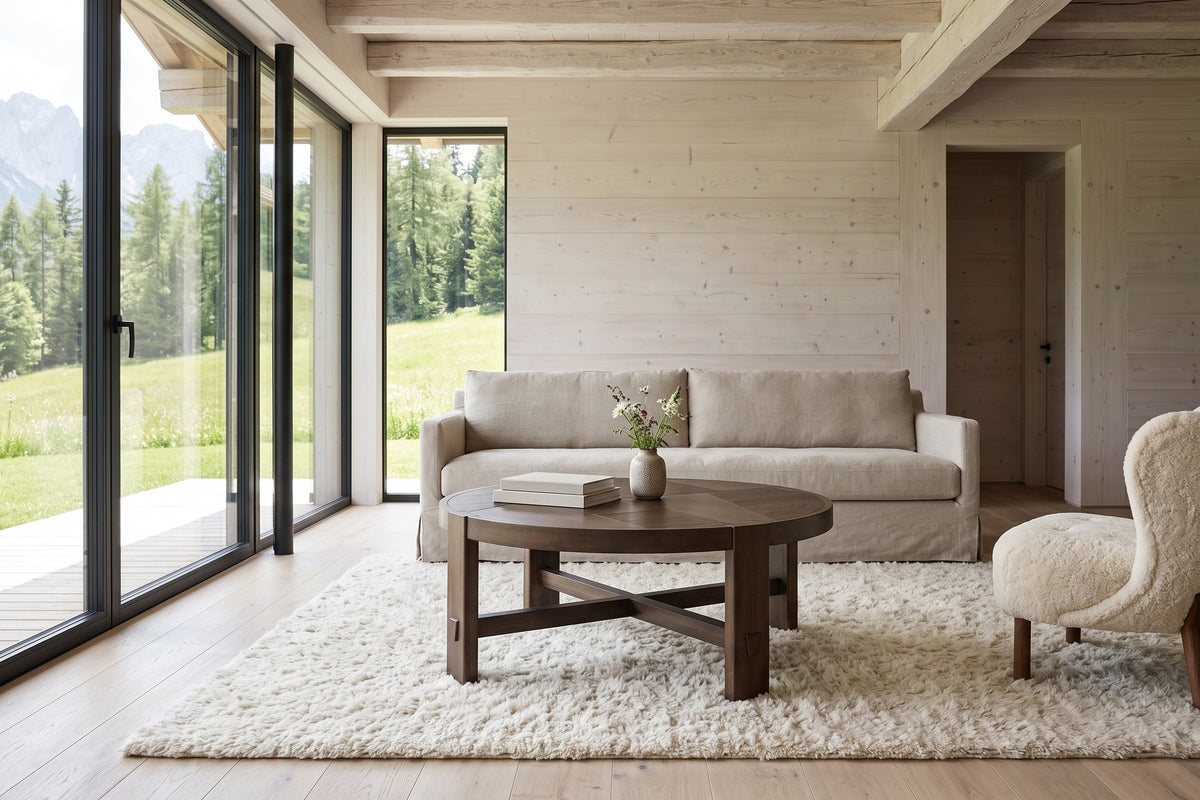 Mondavio coffee table in Smoked Acacia in a Kitzbuehel chalet, with whitewashed spruce boards