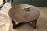 The Mondavio patchwork top in Smokey Chestnut seen from above in a Calabogie lake house, on a jute rug before a sage sofa