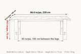 Mondavio dimensions on a pencil sketch of the table: 86.6 in long, 39.4 in deep, 29.5 in high, 65 in between the legs