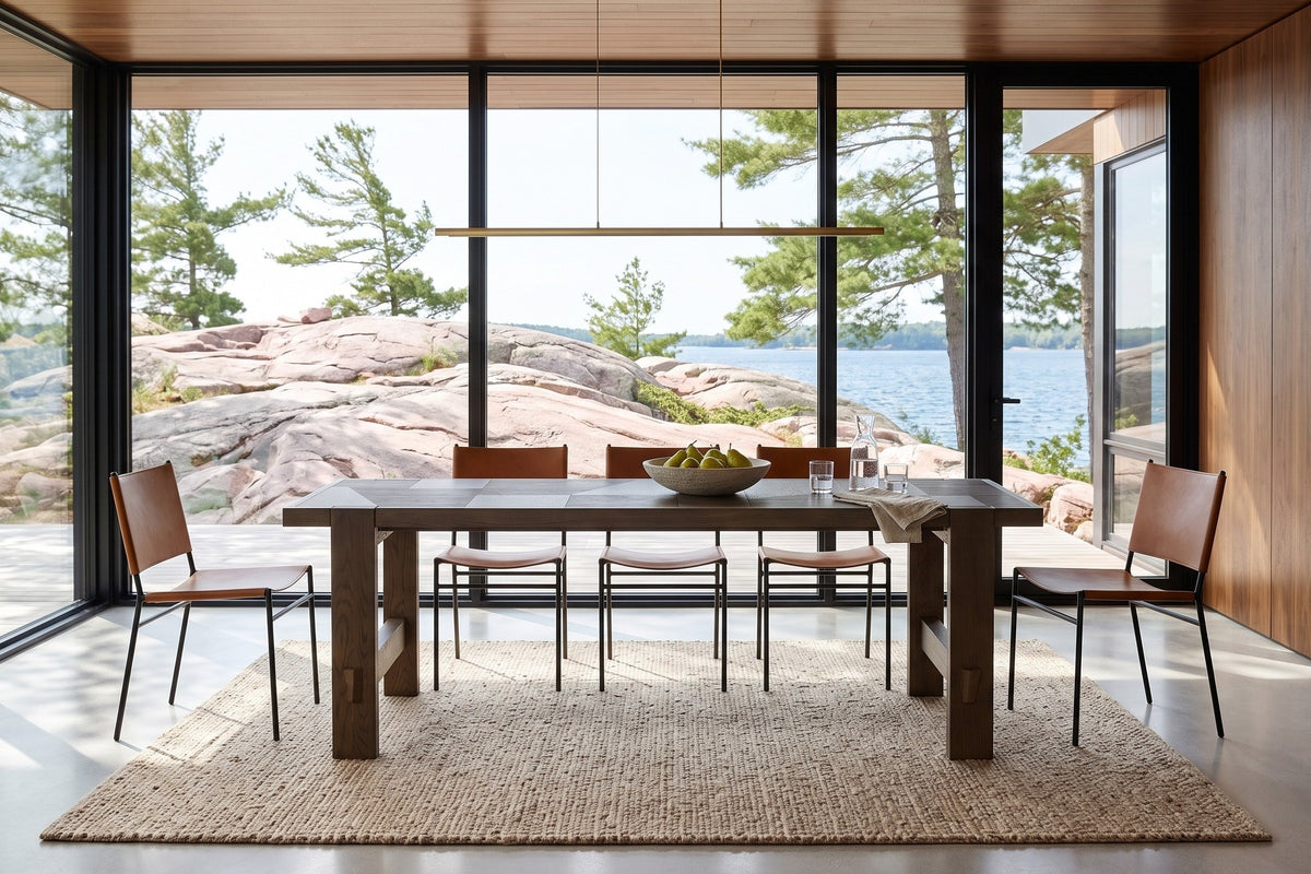 Mondavio dining table in Smokey Chestnut in a Georgian Bay dining room with walnut panelling