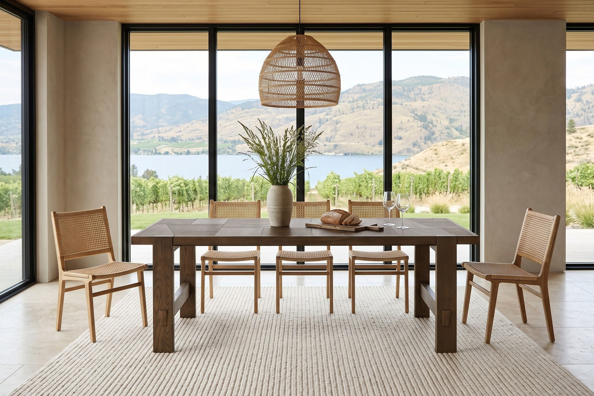 Mondavio dining table in Smokey Chestnut in an Okanagan dining room with greige plaster walls, a cedar ceiling